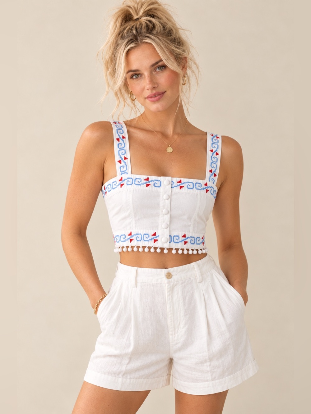 HUNTER BELL White Embroidered Cropped Tank Top Button Front Boho Cottagecore XS